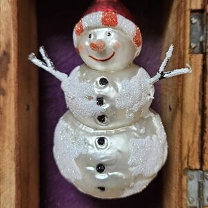 Handmade Blown Glass Christmas Snowman Ornament Red White Glitter Snow Accents